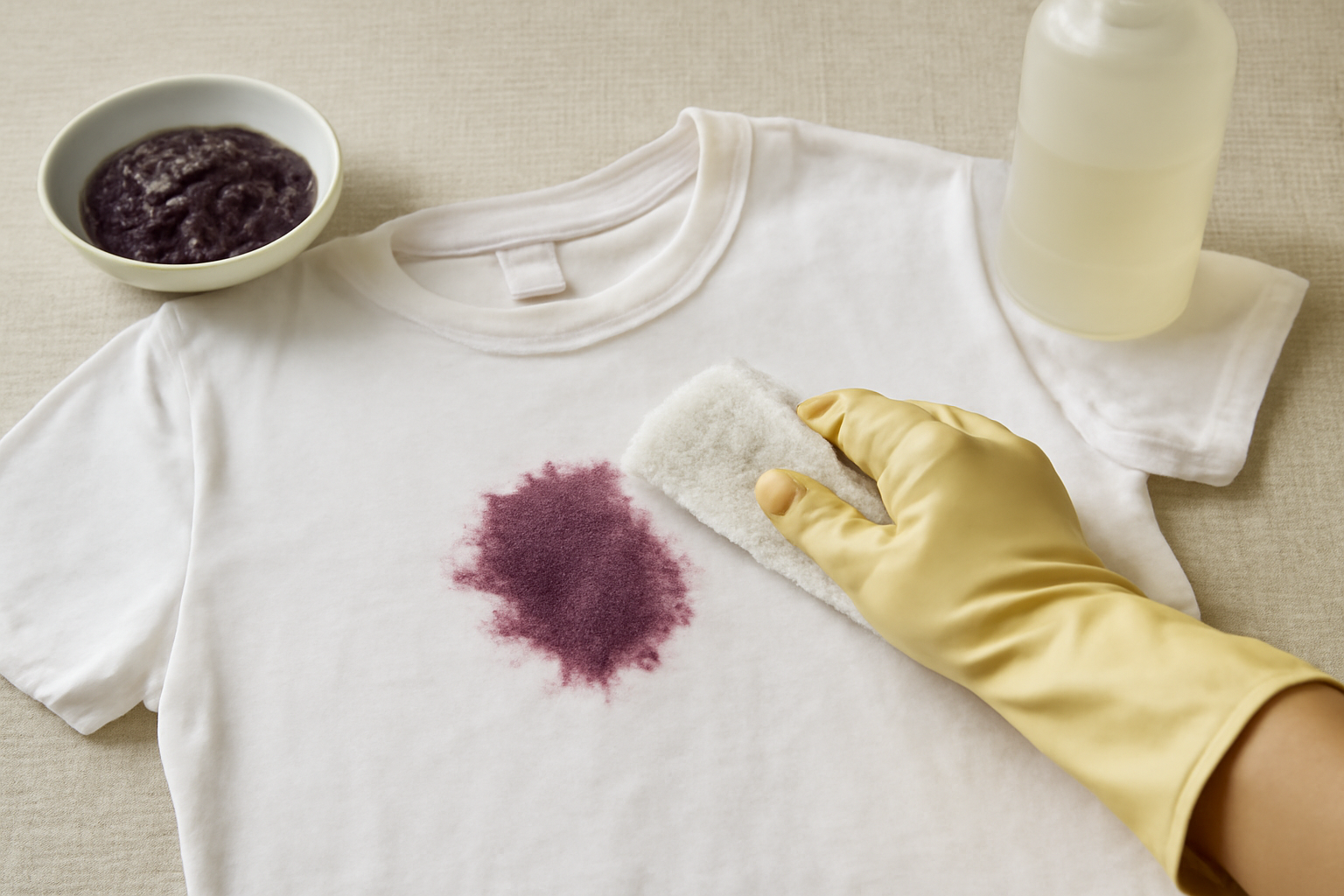 Imagem editorial: Tirar mancha de açaí de camiseta branca de algodão: guia para mancha fresca e seca