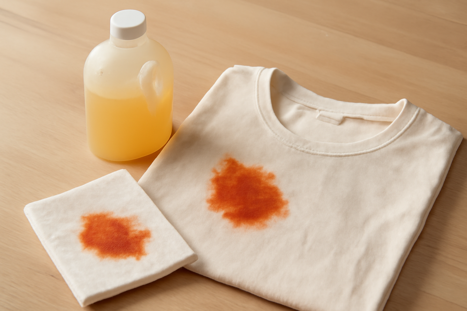 Imagen editorial: Cómo quitar una mancha de salsa de tomate de una camisa de algodón de color: métodos para manchas frescas y secas