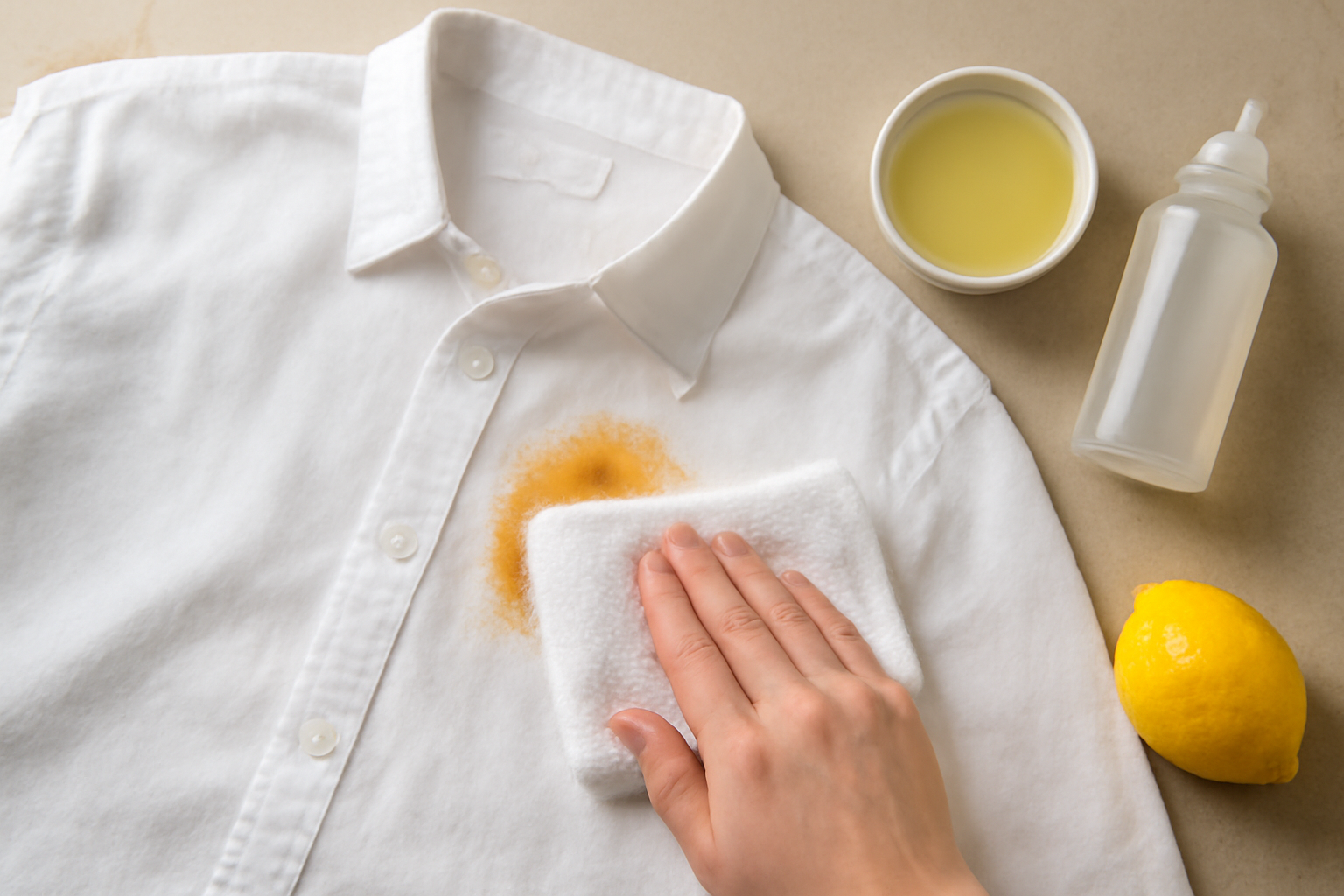 Imagen editorial: Cómo quitar manchas de óxido de una camisa de algodón blanco: métodos seguros para manchas frescas y secas