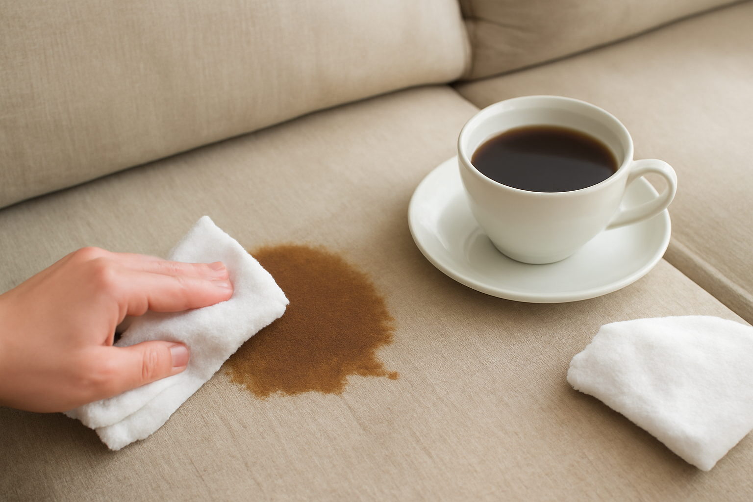 Imagem editorial: Tirar mancha de café de sofá de linho: guia completo para mancha fresca e seca