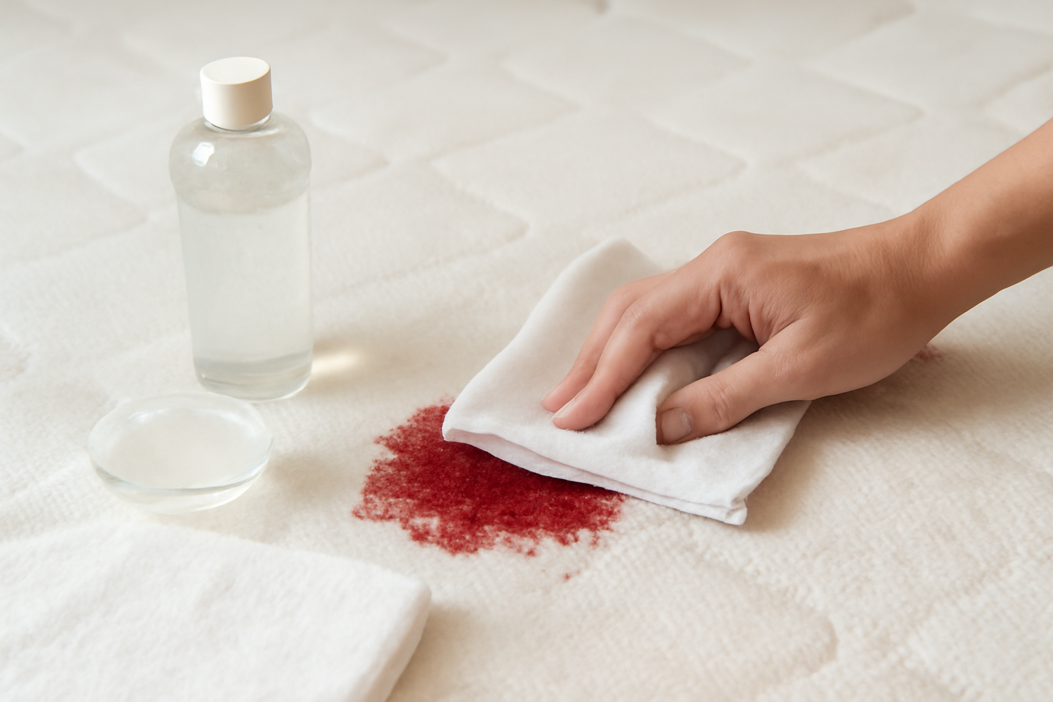 Imagem editorial: Tirar mancha de sangue de colchão: guia para mancha fresca e seca