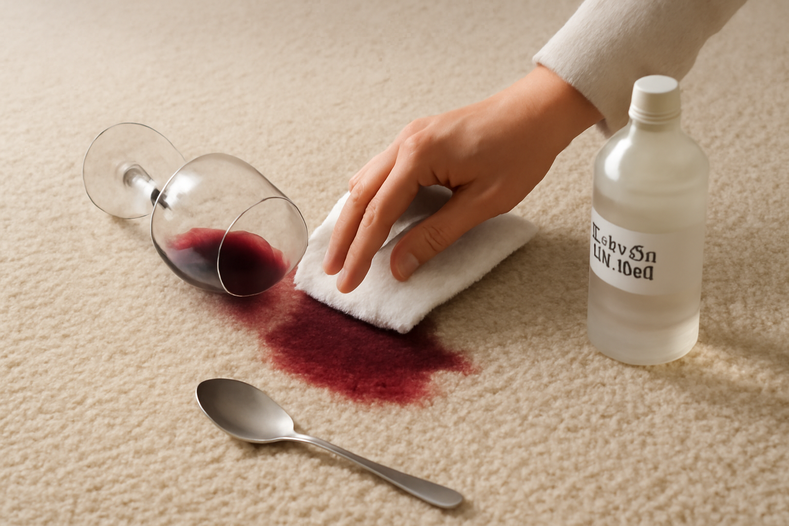 Imagen editorial: Cómo quitar una mancha de vino tinto de una alfombra de lana: comparación de métodos seguros