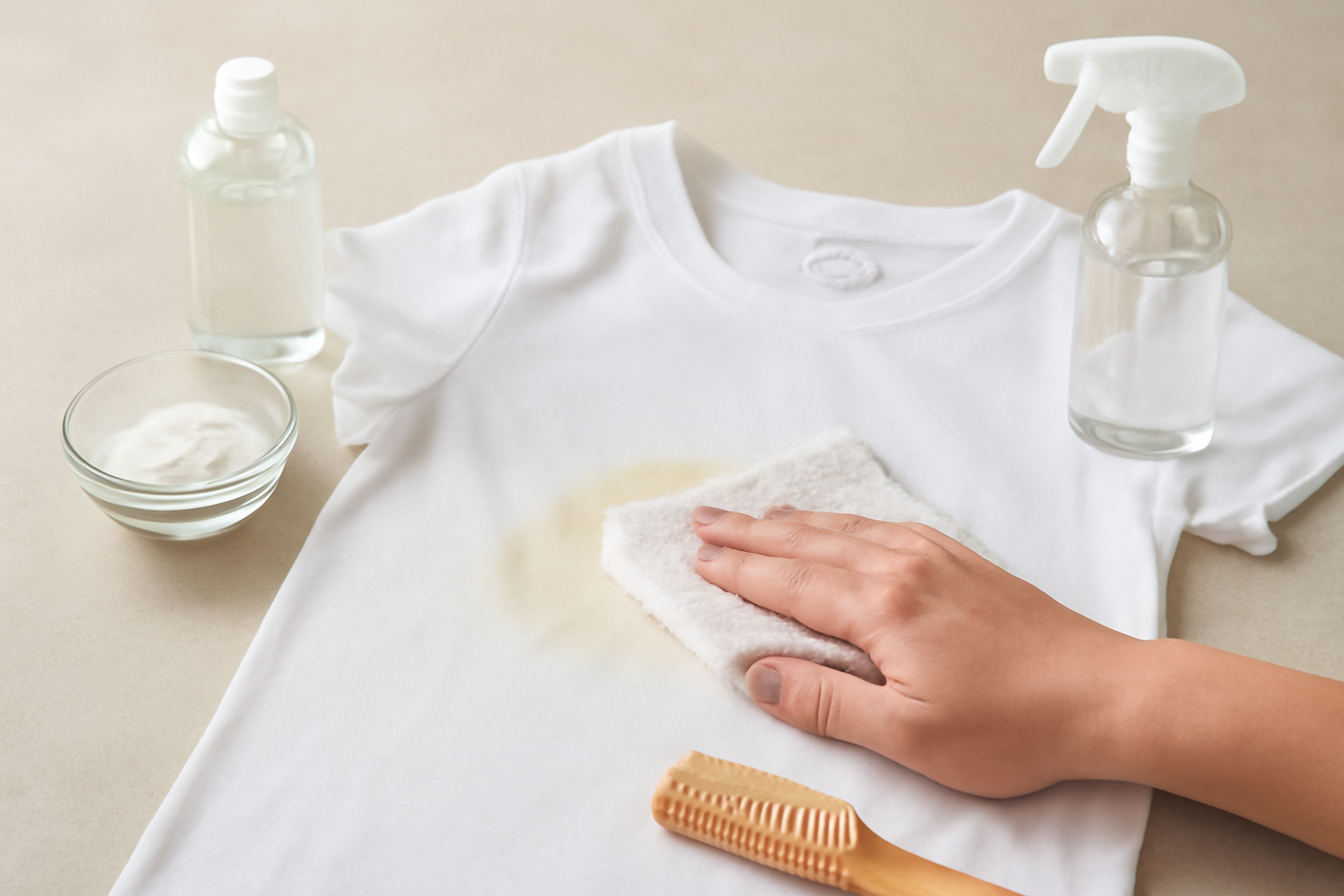 Imagem editorial: Como tirar mancha de suor de camiseta branca de algodão: guia para mancha fresca e seca