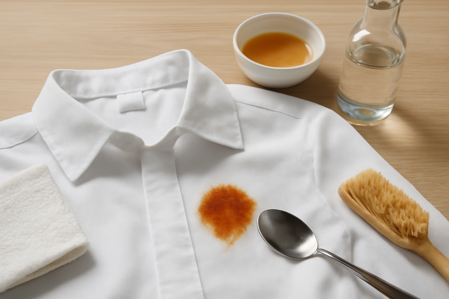 Imagen editorial: Cómo quitar manchas de óxido de una camisa de poliéster: métodos para manchas frescas y secas