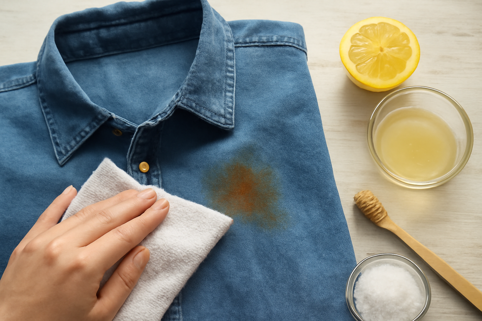 Imagen editorial: Cómo quitar manchas de óxido de una camisa de mezclilla: métodos para manchas frescas y secas