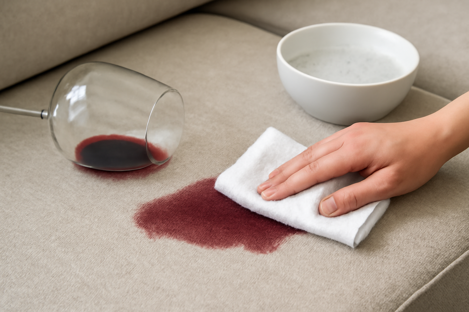 Imagen editorial: Cómo quitar una mancha de vino tinto de un sofá de microfibra: métodos para manchas frescas y secas