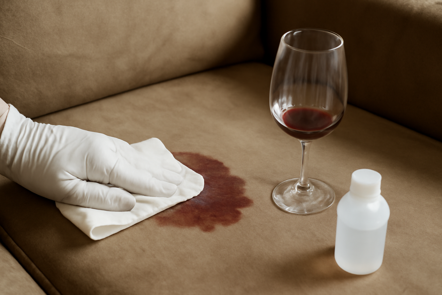 Imagem editorial: Como tirar mancha de vinho tinto de sofá de camurça: guia para mancha fresca e seca