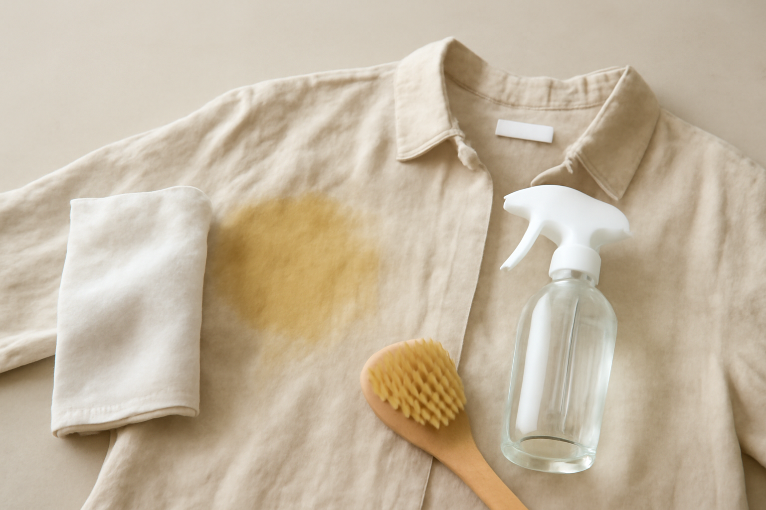 Imagen editorial: Cómo quitar manchas de sudor de una camisa de lino: métodos para manchas frescas y secas