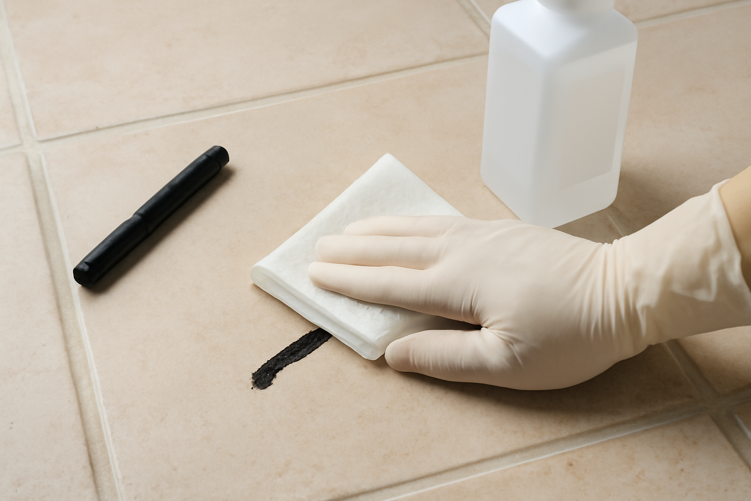 Imagem editorial: Como tirar mancha de caneta marcador permanente de piso de cerâmica: guia para traço fresco e seco