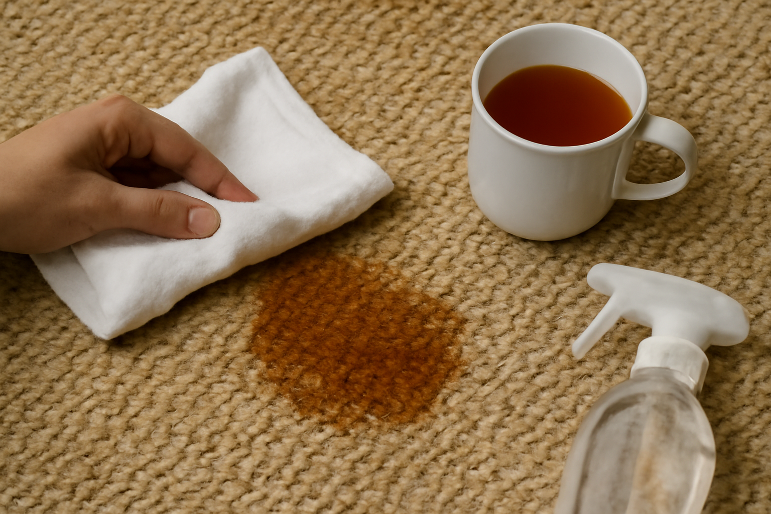 Imagen editorial: Cómo quitar una mancha de té de una alfombra de yute: métodos para manchas frescas y secas