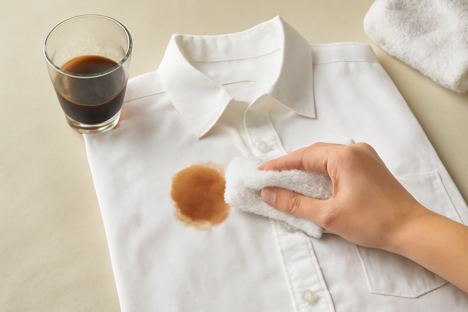 Imagem editorial: Tirar mancha de café de camisa de algodão: guia completo para mancha fresca e seca