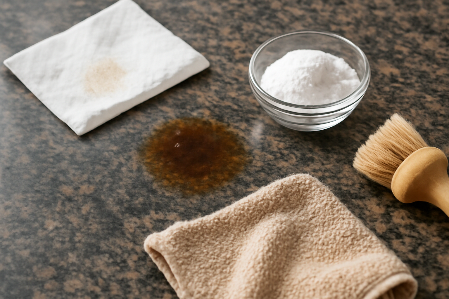 Imagem editorial: Como tirar mancha de óleo de cozinha de bancada de granito: guia de segurança para mancha fresca e seca