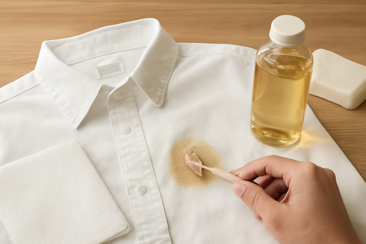 Imagen editorial: Cómo quitar una mancha de grasa de una camisa de algodón de color: métodos para manchas frescas y secas