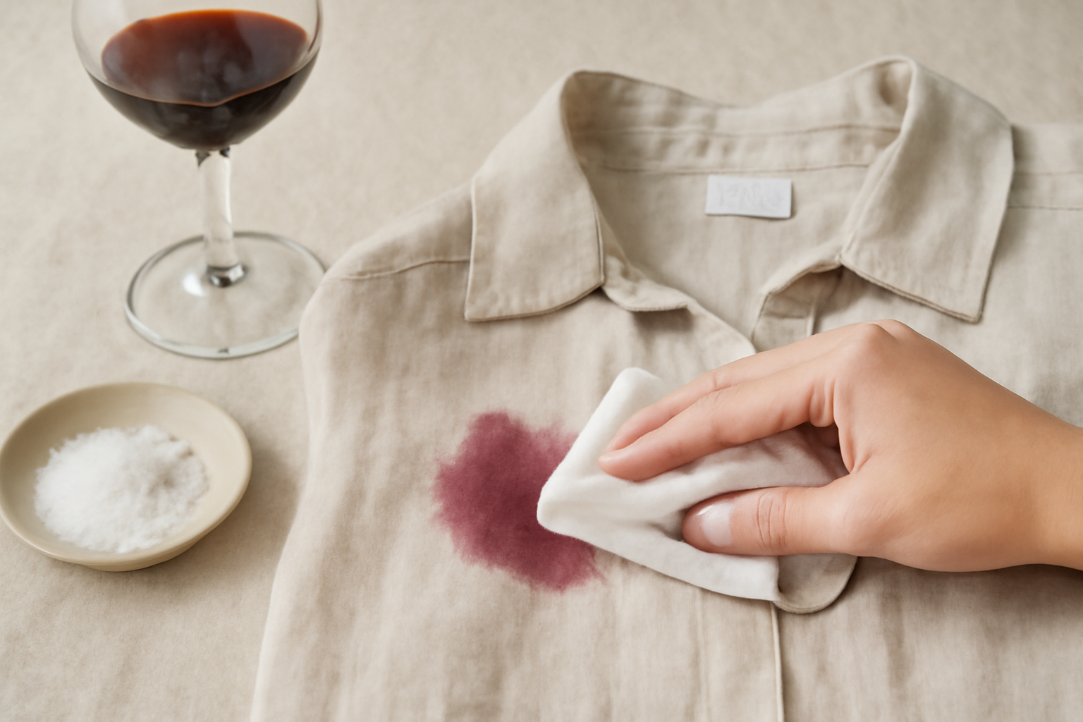 Imagem editorial: Tirar mancha de vinho tinto de camisa de linho: guia para mancha fresca e seca