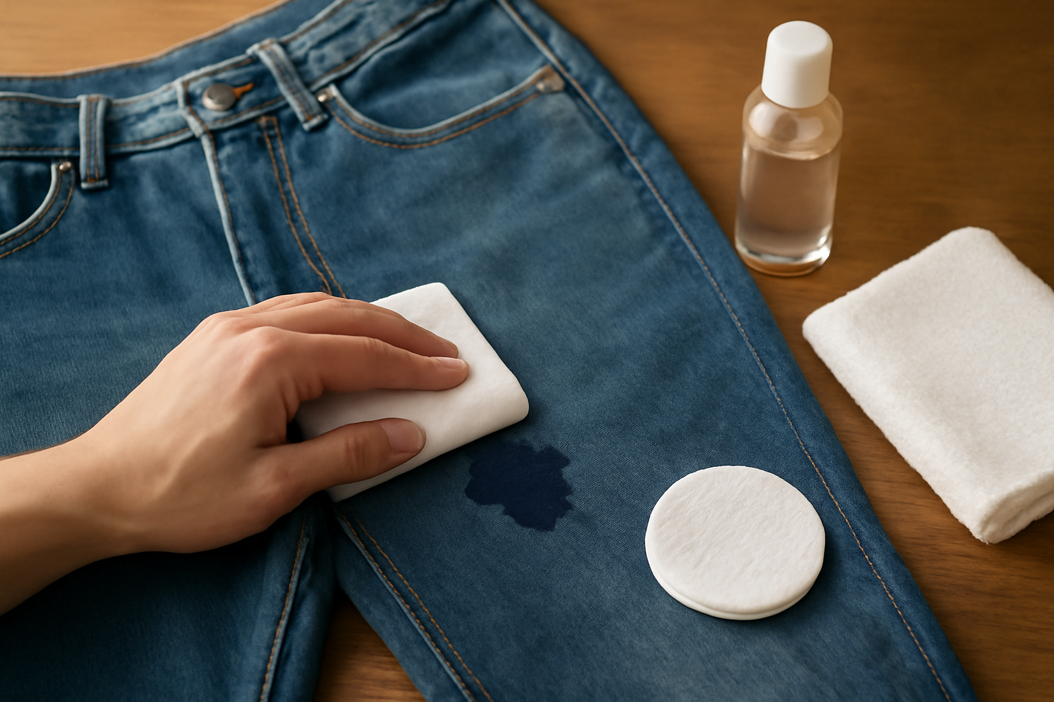 Imagem editorial: Como tirar mancha de caneta esferográfica de calça jeans: guia para traço fresco e seco