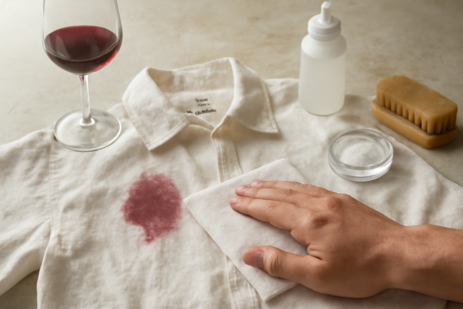 Imagen editorial: Cómo quitar una mancha de vino tinto de una camisa de lino: métodos para manchas frescas y secas