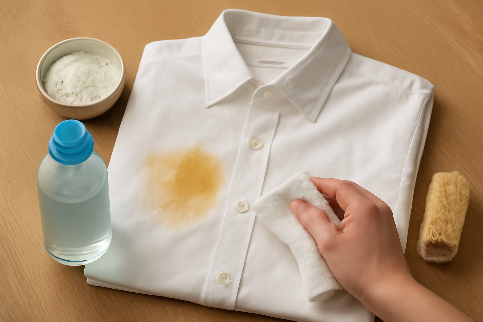 Imagen editorial: Cómo quitar una mancha de aceite de cocina de una camisa de algodón blanco: guía para manchas frescas y secas