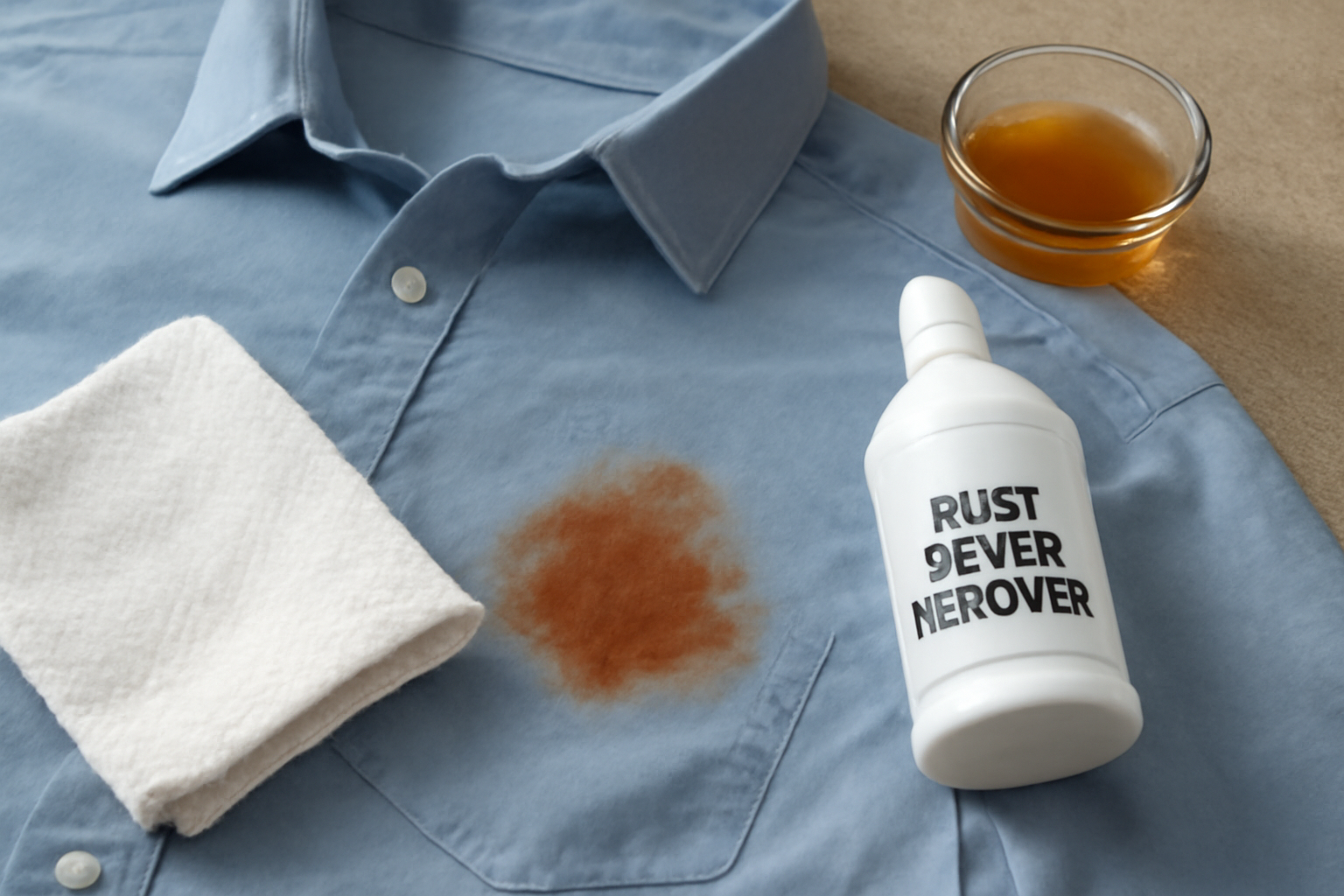 Imagen editorial: Cómo quitar manchas de óxido de una camisa de algodón de color: métodos para manchas frescas y secas