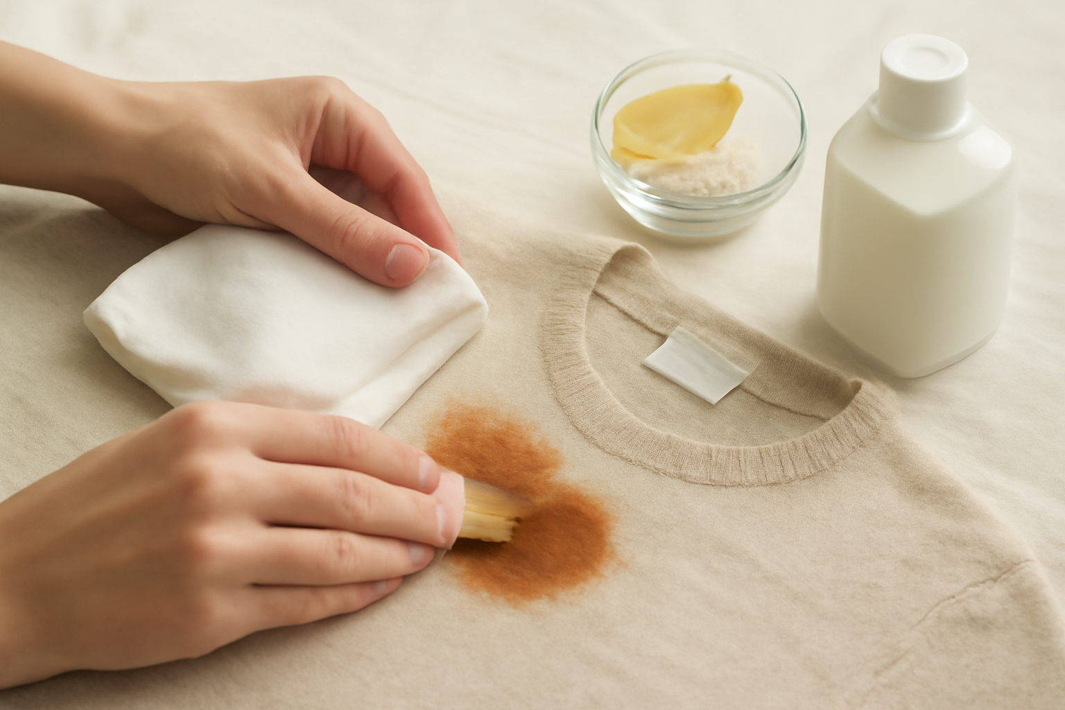 Imagen editorial: Cómo quitar manchas de óxido de una camisa de lana: métodos para manchas frescas y secas