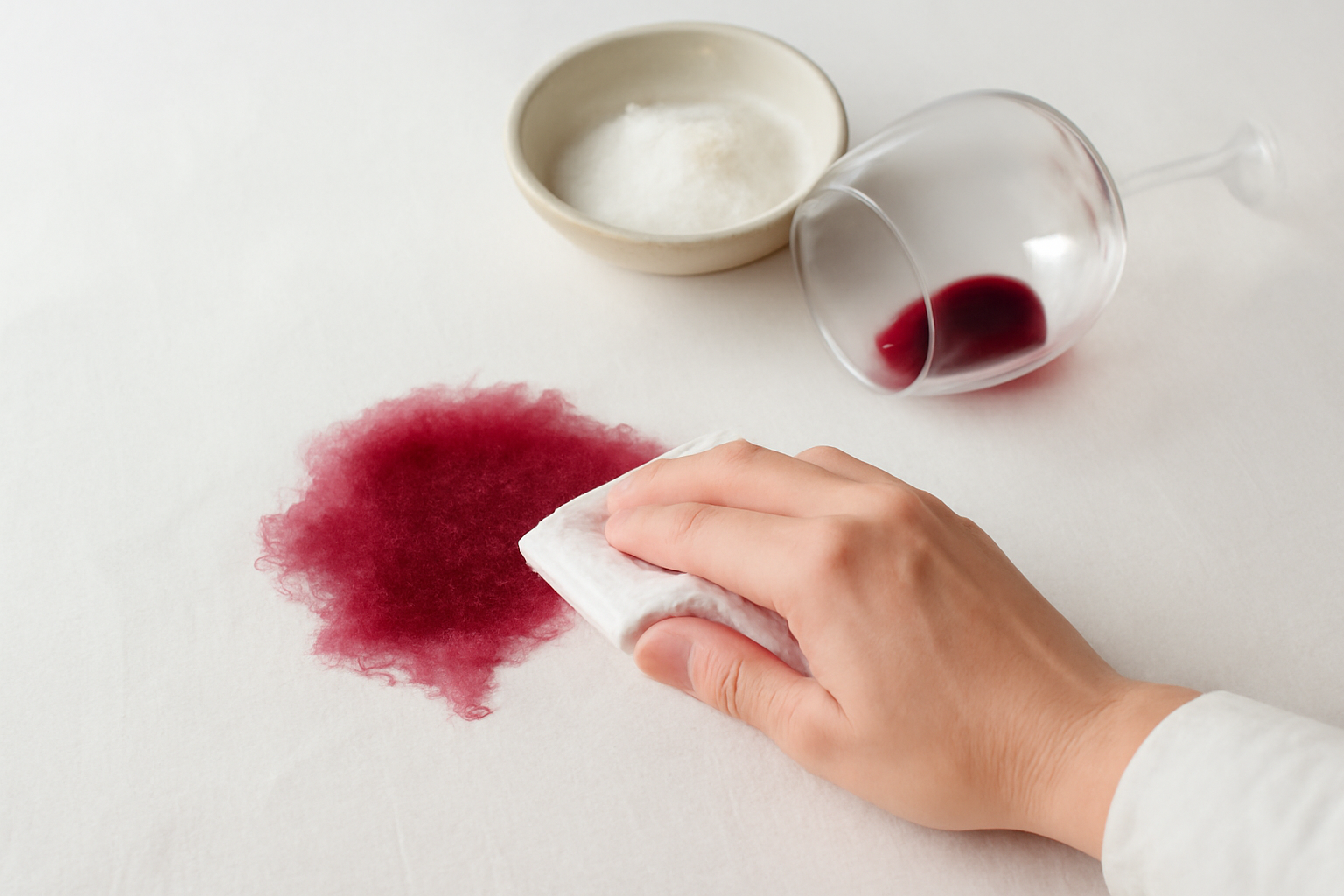 Imagen editorial: Cómo quitar una mancha de vino tinto de un mantel de algodón: guía para manchas frescas y secas
