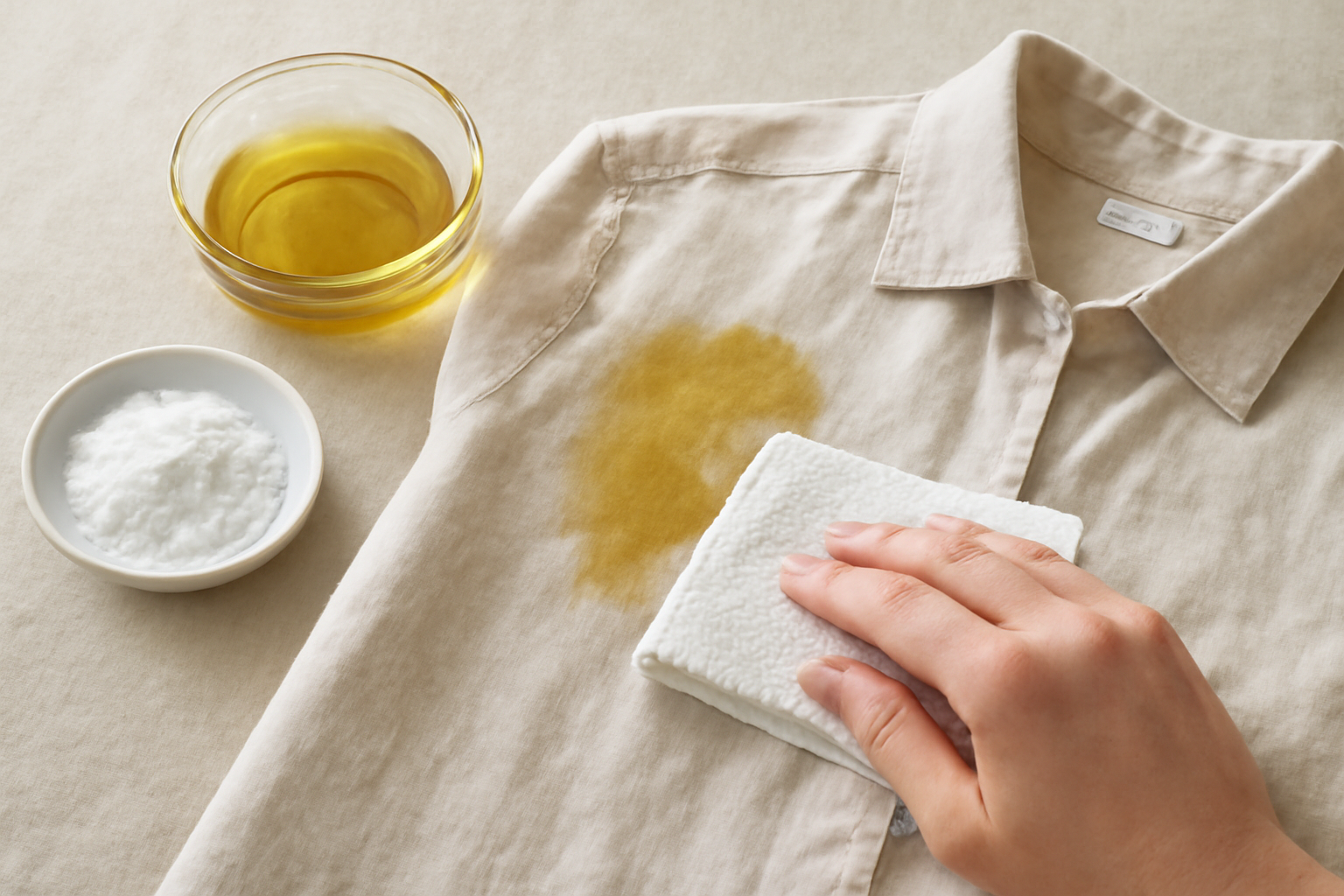 Imagen editorial: Cómo quitar una mancha de aceite de oliva de una camisa de lino: guía para manchas frescas y secas