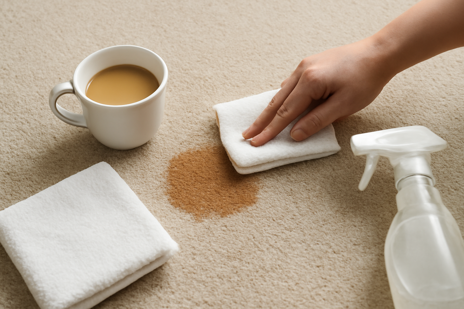 Imagem editorial: Como tirar mancha de café com leite de carpete claro: guia para mancha fresca e seca