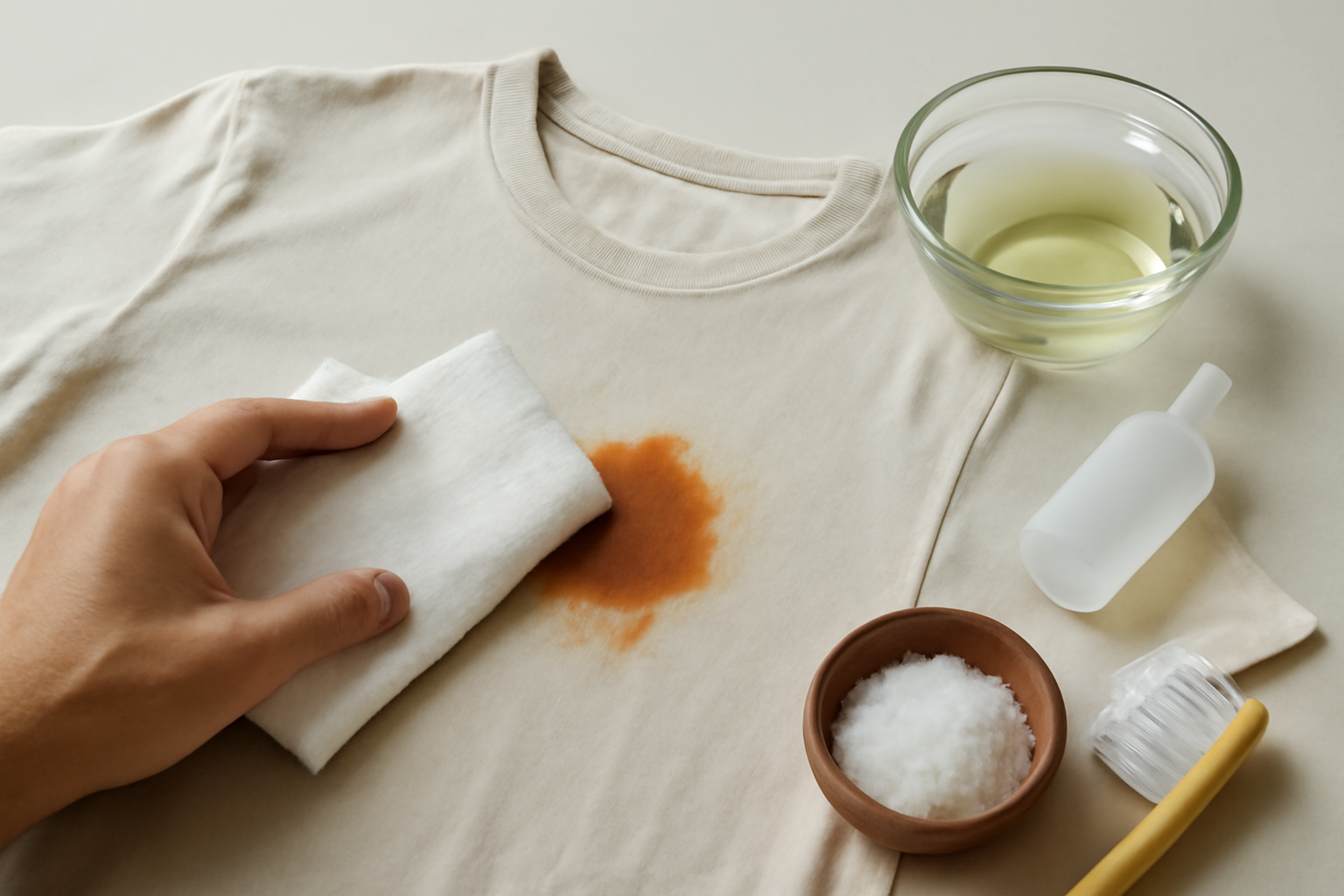 Imagen editorial: Cómo quitar manchas de óxido de una camisa de algodón: métodos para manchas frescas y secas