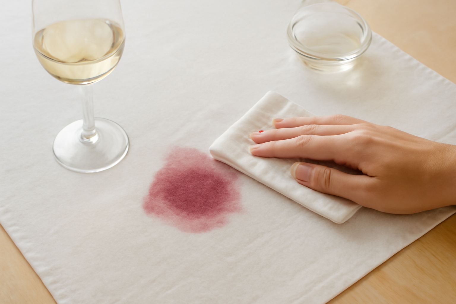 Imagem editorial: Tirar mancha de vinho branco de toalha de mesa de algodão: guia para mancha fresca e seca
