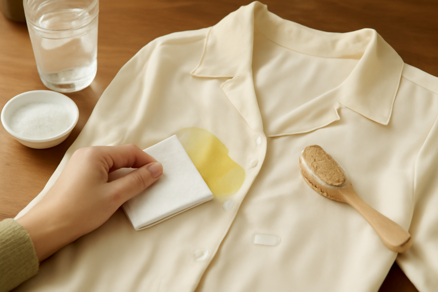 Imagem editorial: Como tirar mancha de azeite de camisa de seda: guia para mancha fresca e seca