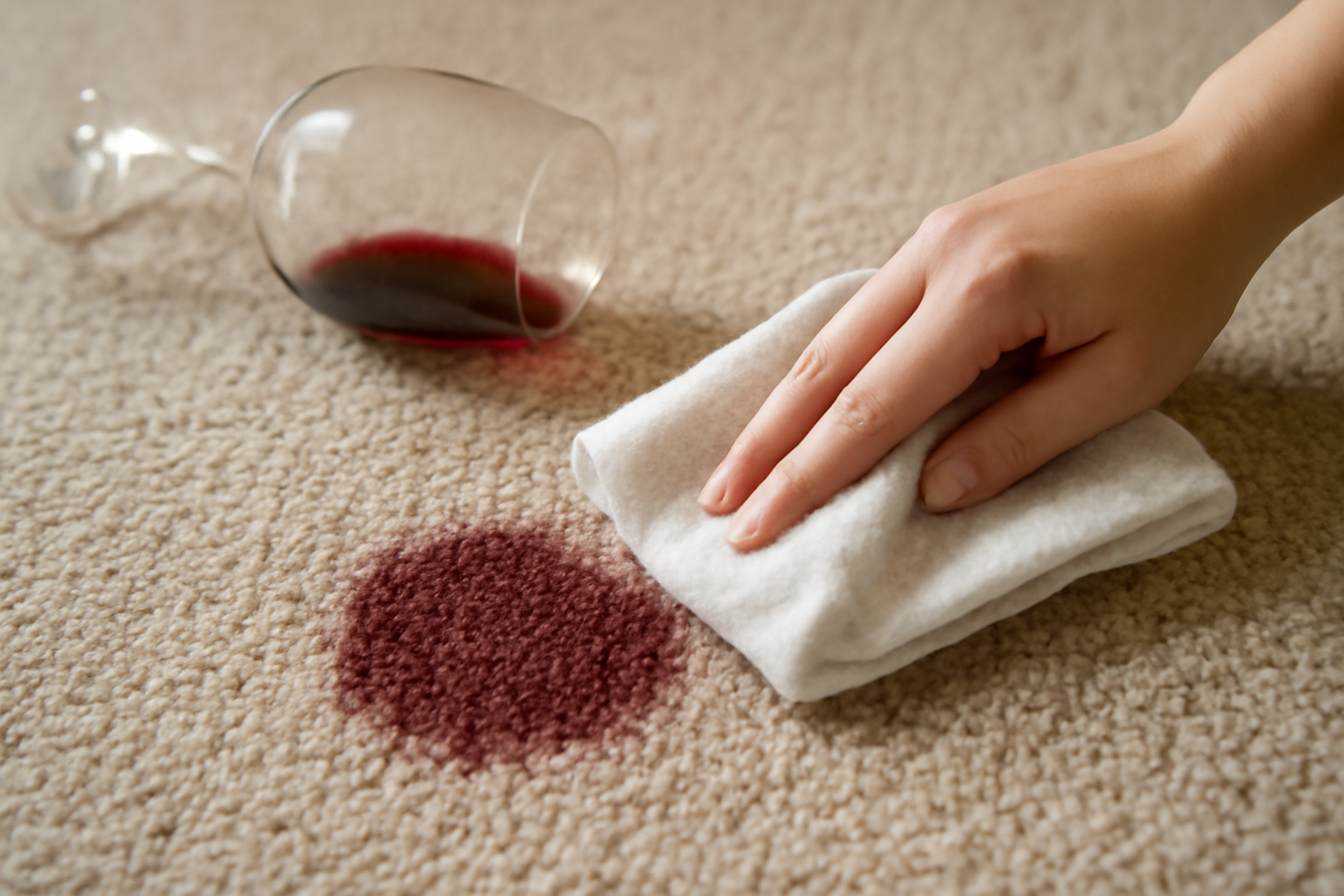 Imagem editorial: Como tirar mancha de vinho tinto de tapete de lã: guia para mancha fresca e seca