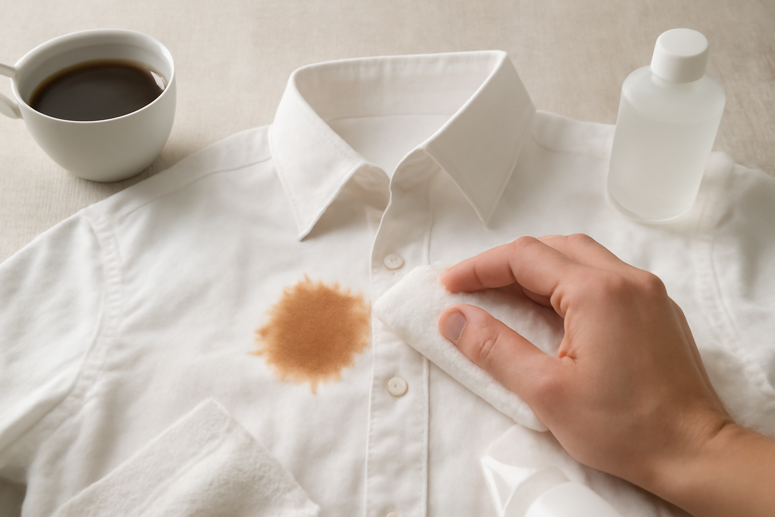 Imagen editorial: Cómo quitar manchas de café de una camisa blanca de algodón: guía para manchas frescas y secas