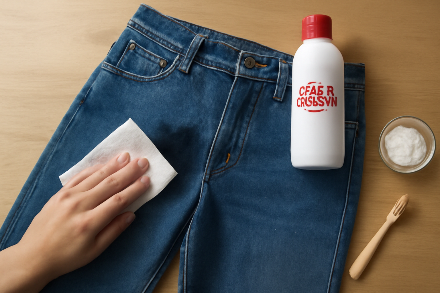 Imagem editorial: Tirar mancha de óleo de motor de calça jeans: guia para mancha fresca e seca
