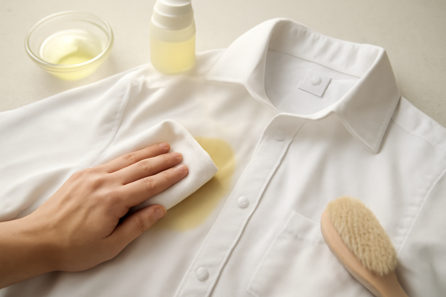 Imagen editorial: Cómo quitar manchas de sudor amarillas de una camisa blanca de poliéster: métodos para manchas frescas y secas