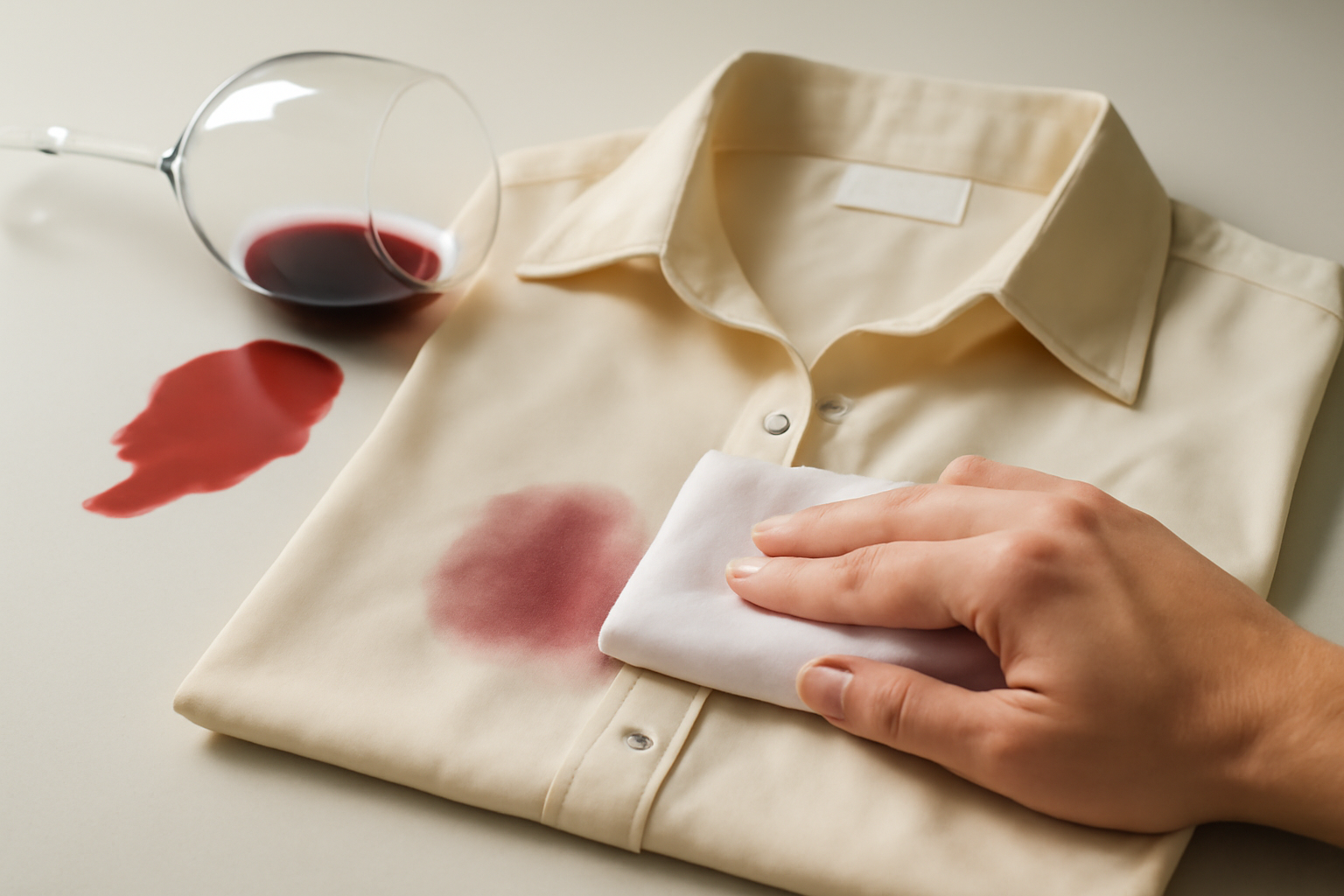 Imagen editorial: Cómo quitar una mancha de vino tinto de una camisa de seda: métodos para manchas frescas y secas