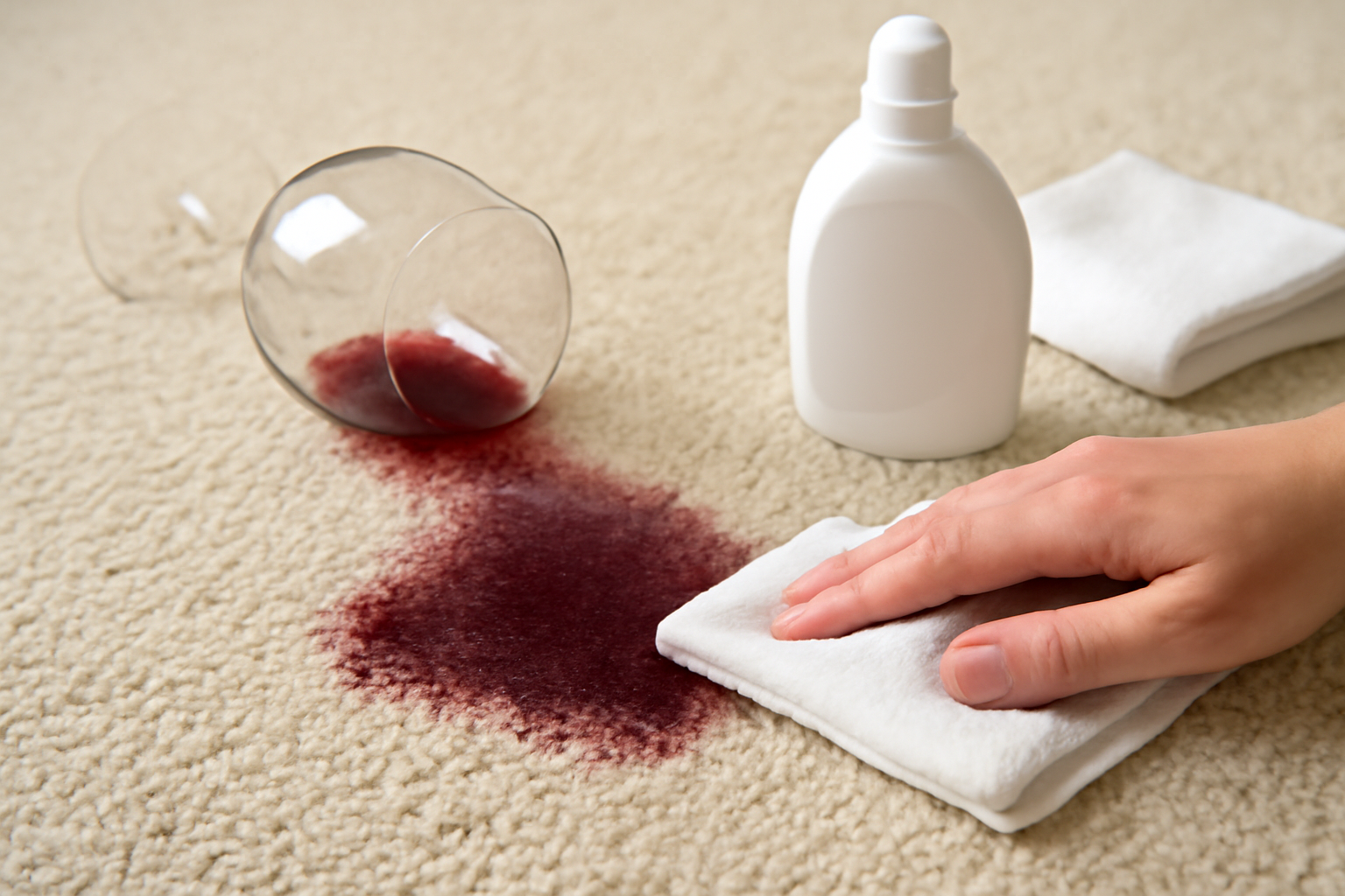 Imagen editorial: Cómo quitar una mancha de vino tinto de una alfombra de lana: guía para manchas frescas y secas