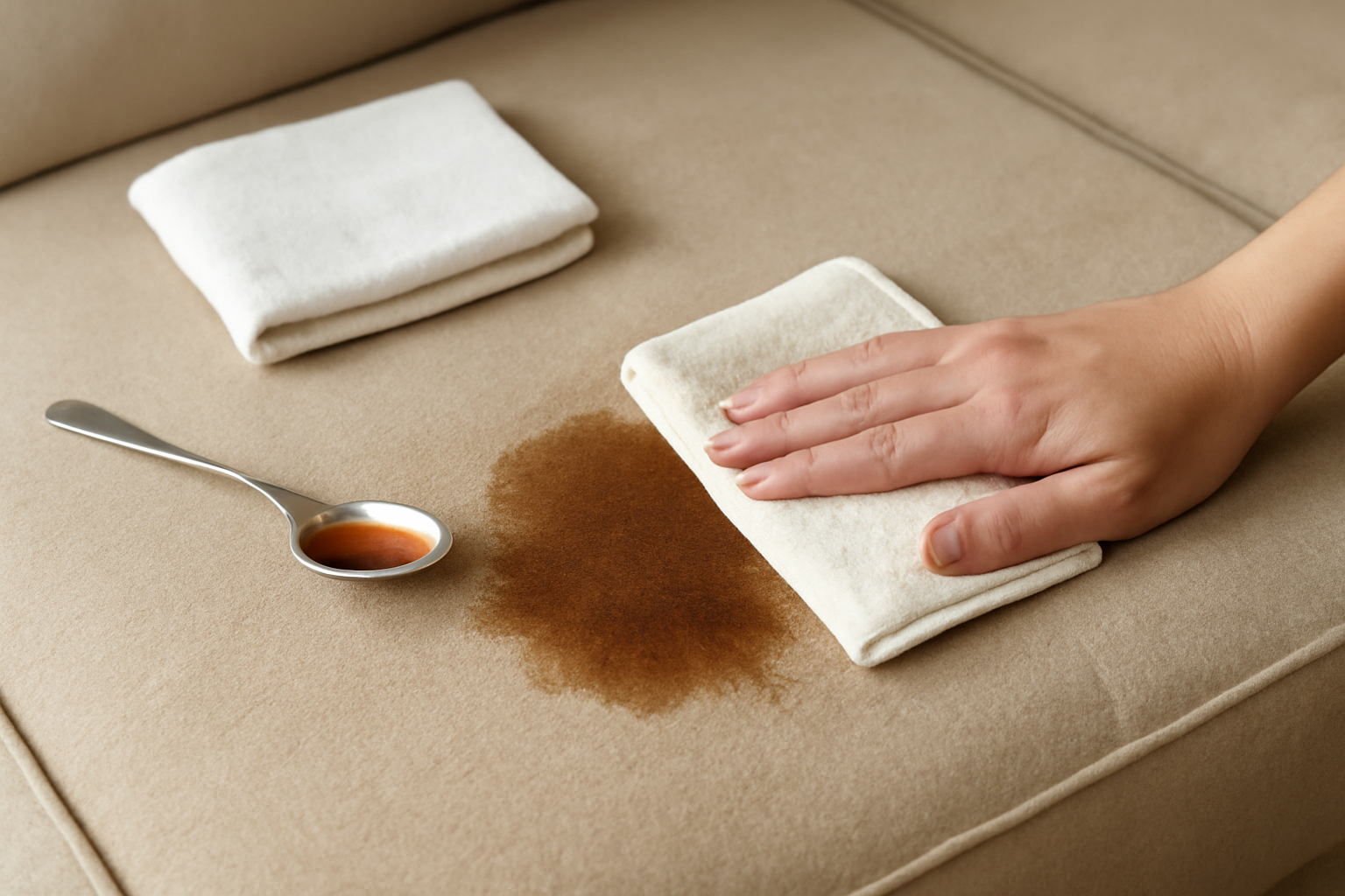 Imagem editorial: Como tirar mancha de molho de soja de sofá de microfibra: guia para mancha fresca e seca
