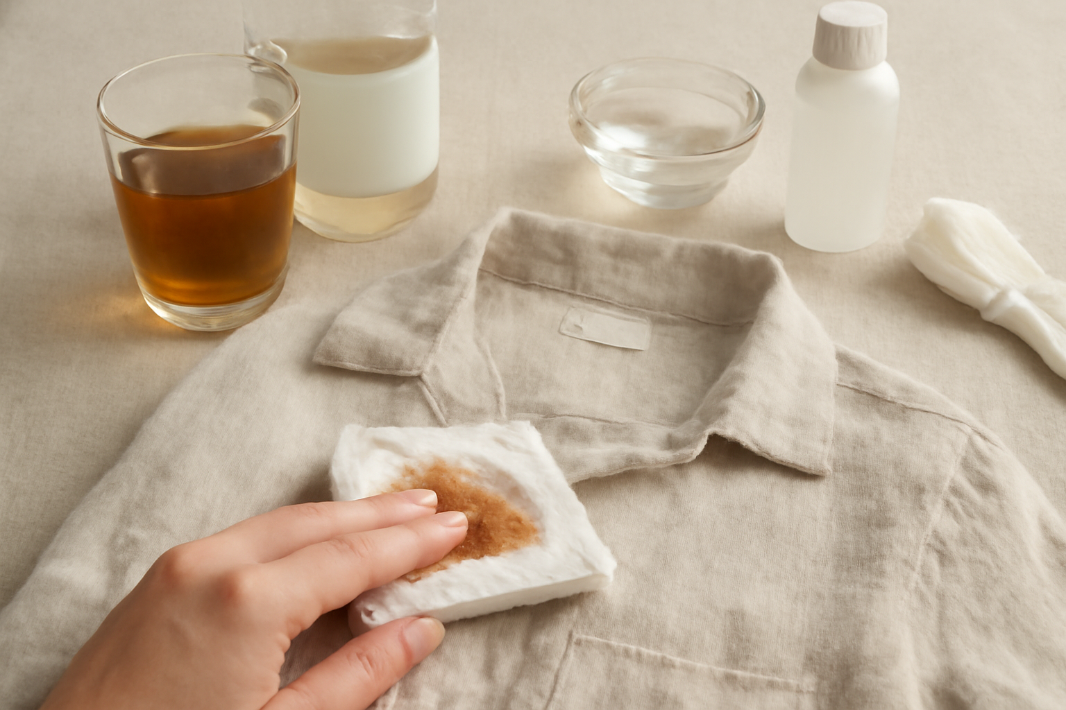 Imagen editorial: Cómo quitar una mancha de té de una camisa de lino: guía para manchas frescas y secas