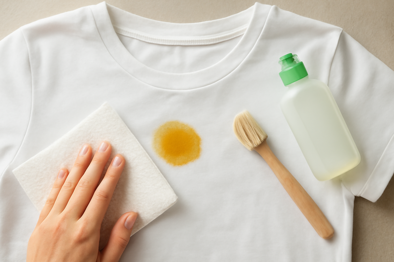 Imagem editorial: Como tirar mancha de óleo de cozinha de camiseta de algodão: guia para mancha fresca e seca