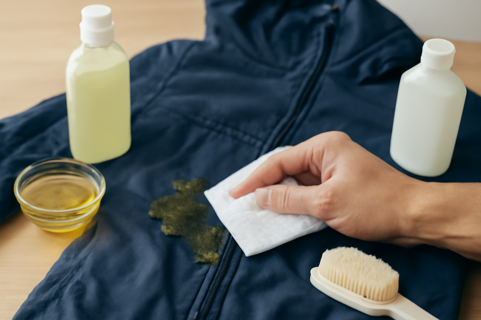 Imagen editorial: Cómo quitar una mancha de grasa de una chaqueta de nailon: métodos para manchas frescas y secas