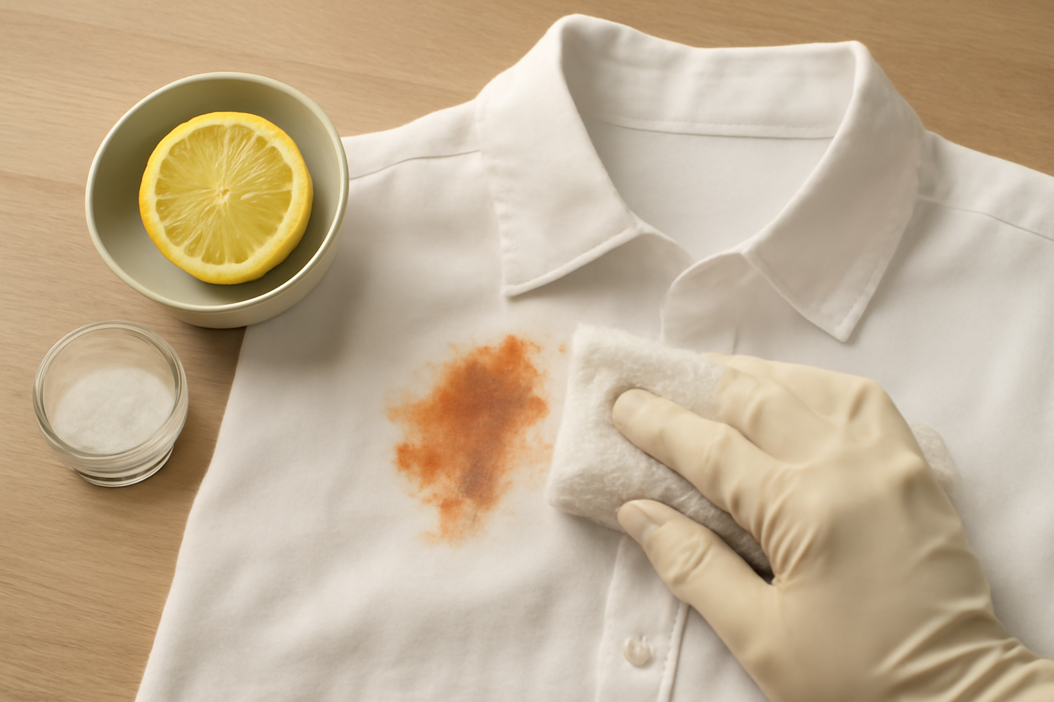 Imagen editorial: Cómo quitar manchas de óxido de una camisa de algodón blanco: métodos seguros y comparación