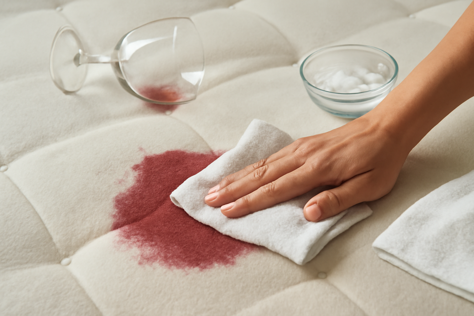 Imagem editorial: Tirar mancha de vinho tinto de colchão: guia para mancha fresca e seca