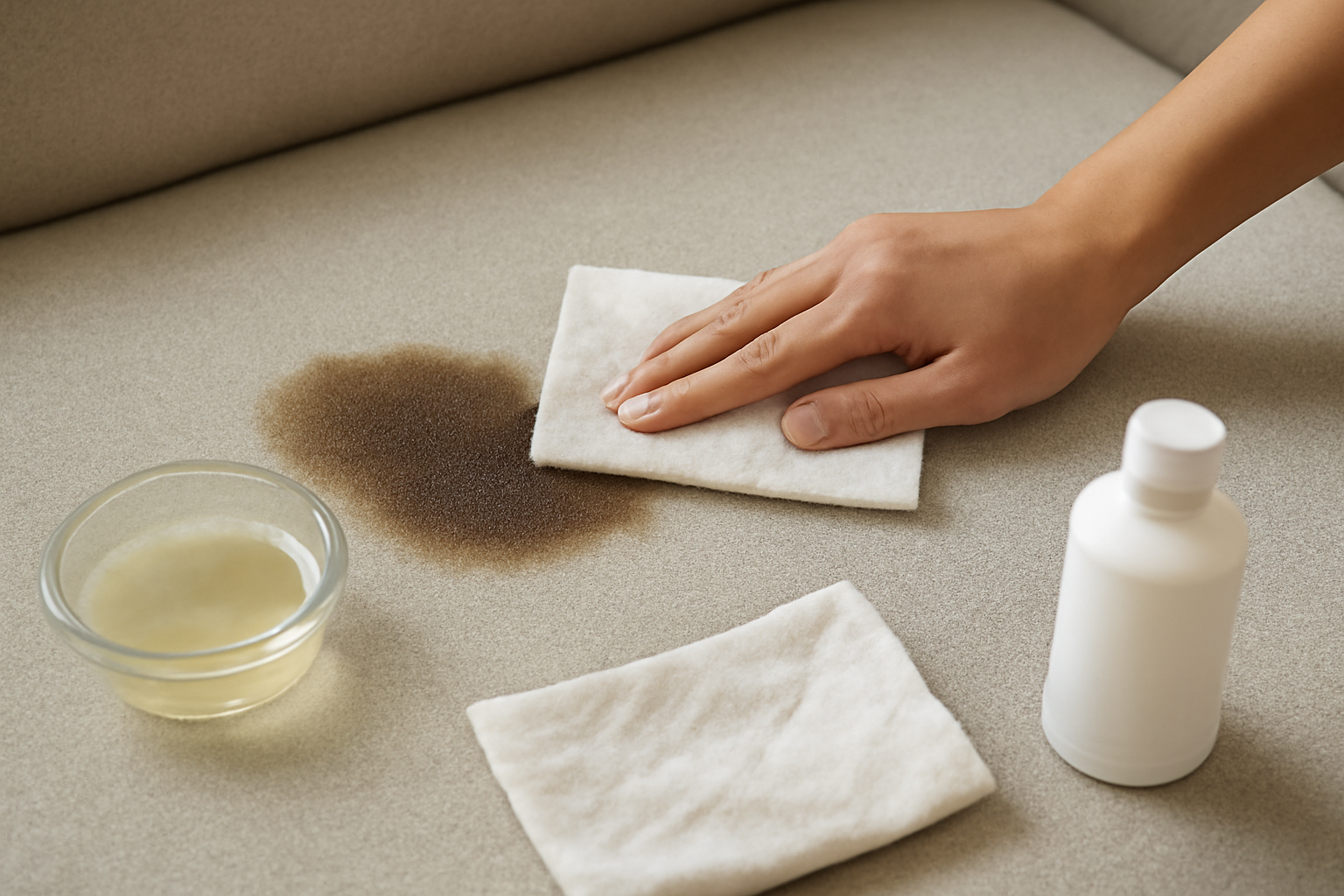 Imagem editorial: Como tirar mancha de graxa de sofá de tecido: guia para mancha fresca e seca