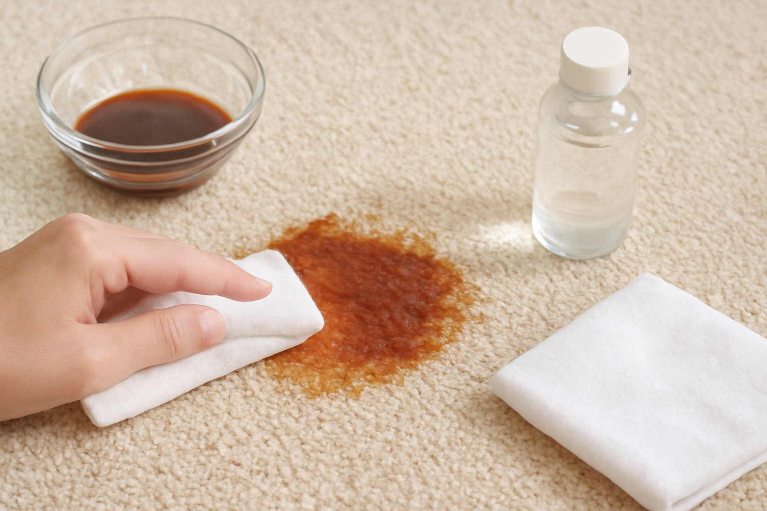 Imagem editorial: Como tirar mancha de molho de churrasco de carpete claro: guia para mancha fresca e seca