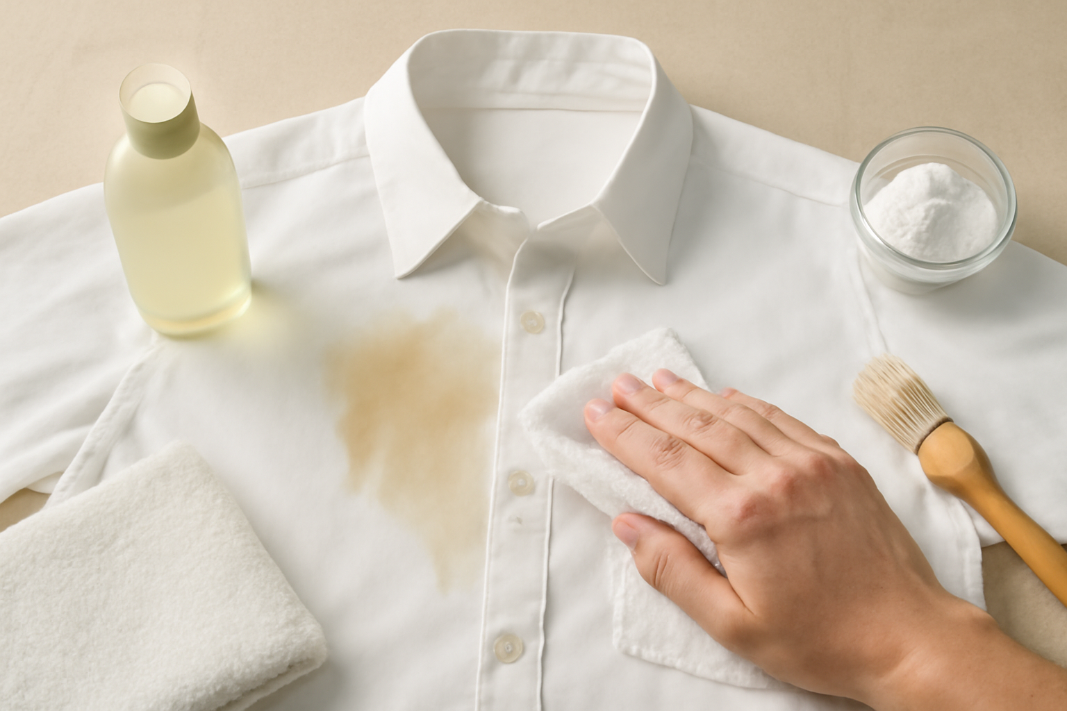 Imagem editorial: Tirar mancha de suor de camisa social de algodão: guia completo para mancha fresca e seca