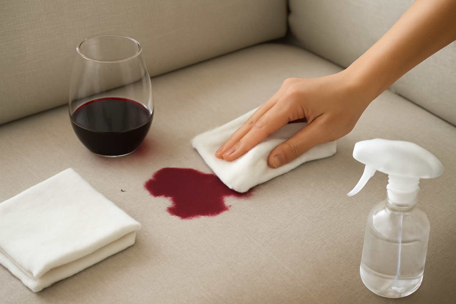 Imagem editorial: Como tirar mancha de vinho tinto de sofá de linho: guia para mancha fresca e seca
