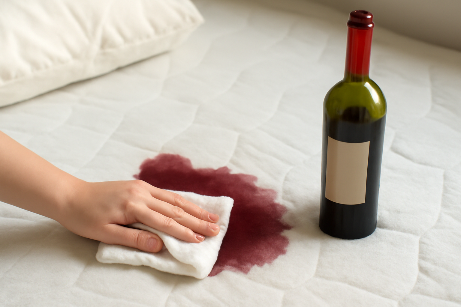 Imagen editorial: Cómo quitar una mancha de vino tinto de un colchón: métodos para manchas frescas y secas