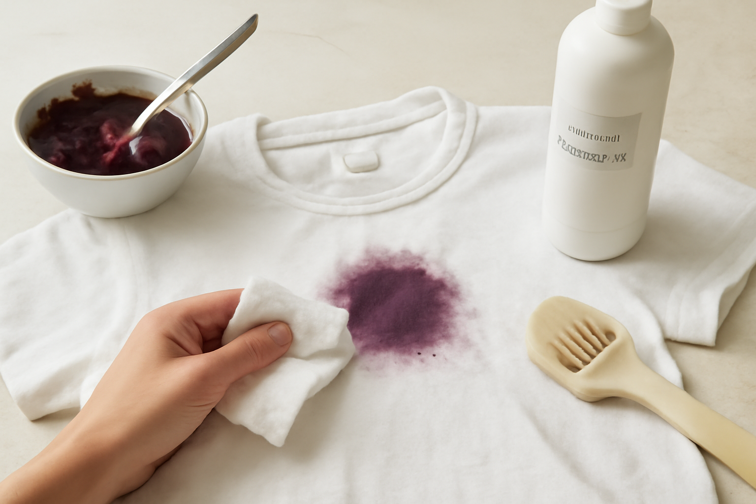 Imagem editorial: Tirar mancha de açaí de roupa branca: guia para mancha fresca e seca