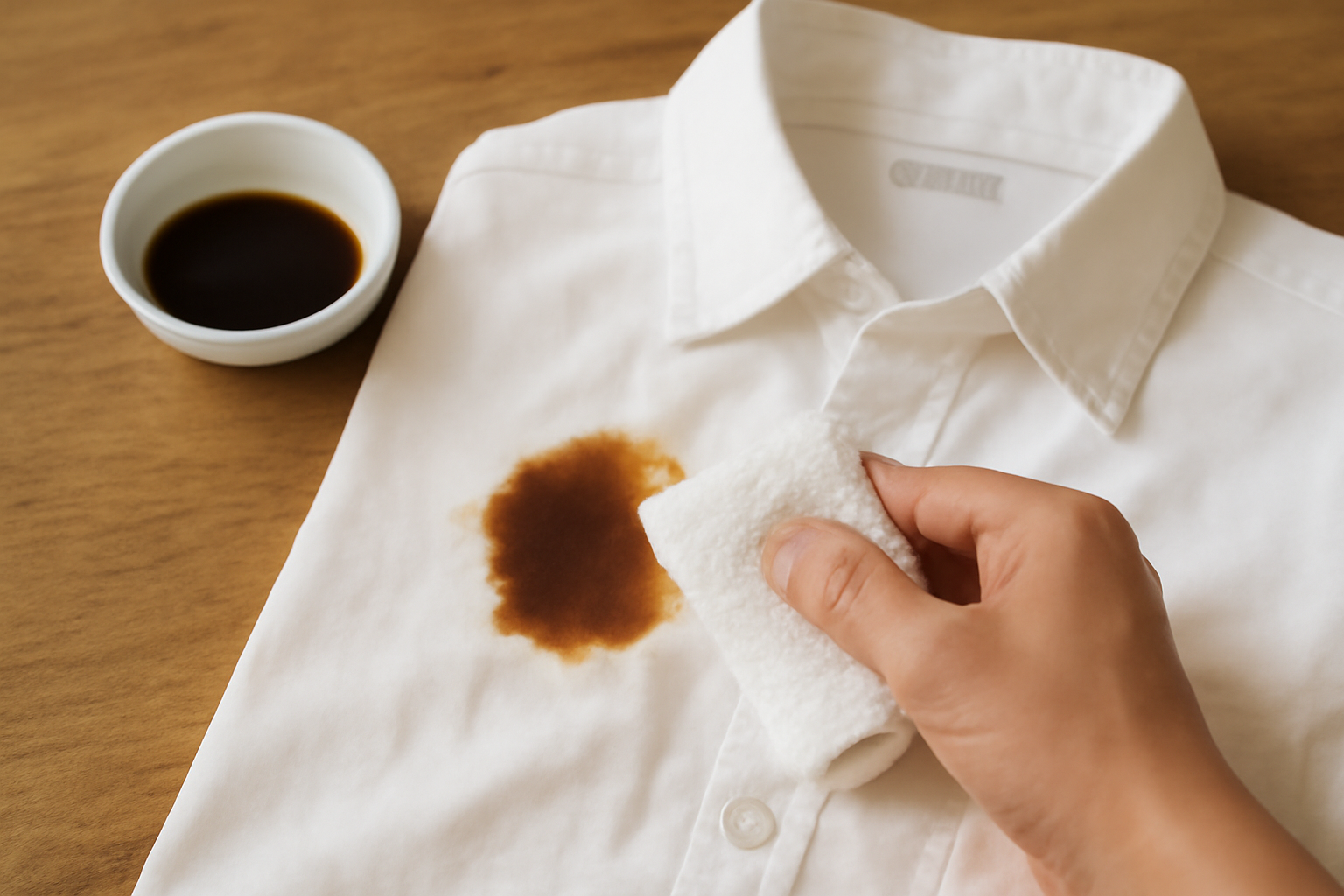 Imagen editorial: Cómo quitar una mancha de salsa de soya de una camisa de algodón blanco: métodos para manchas frescas y secas