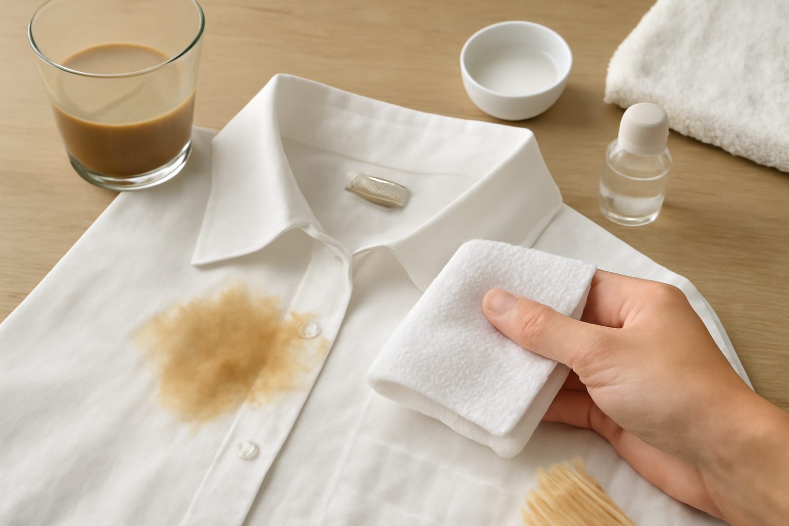 Imagem editorial: Como tirar mancha de café com leite de camisa branca de algodão: guia para mancha fresca e seca