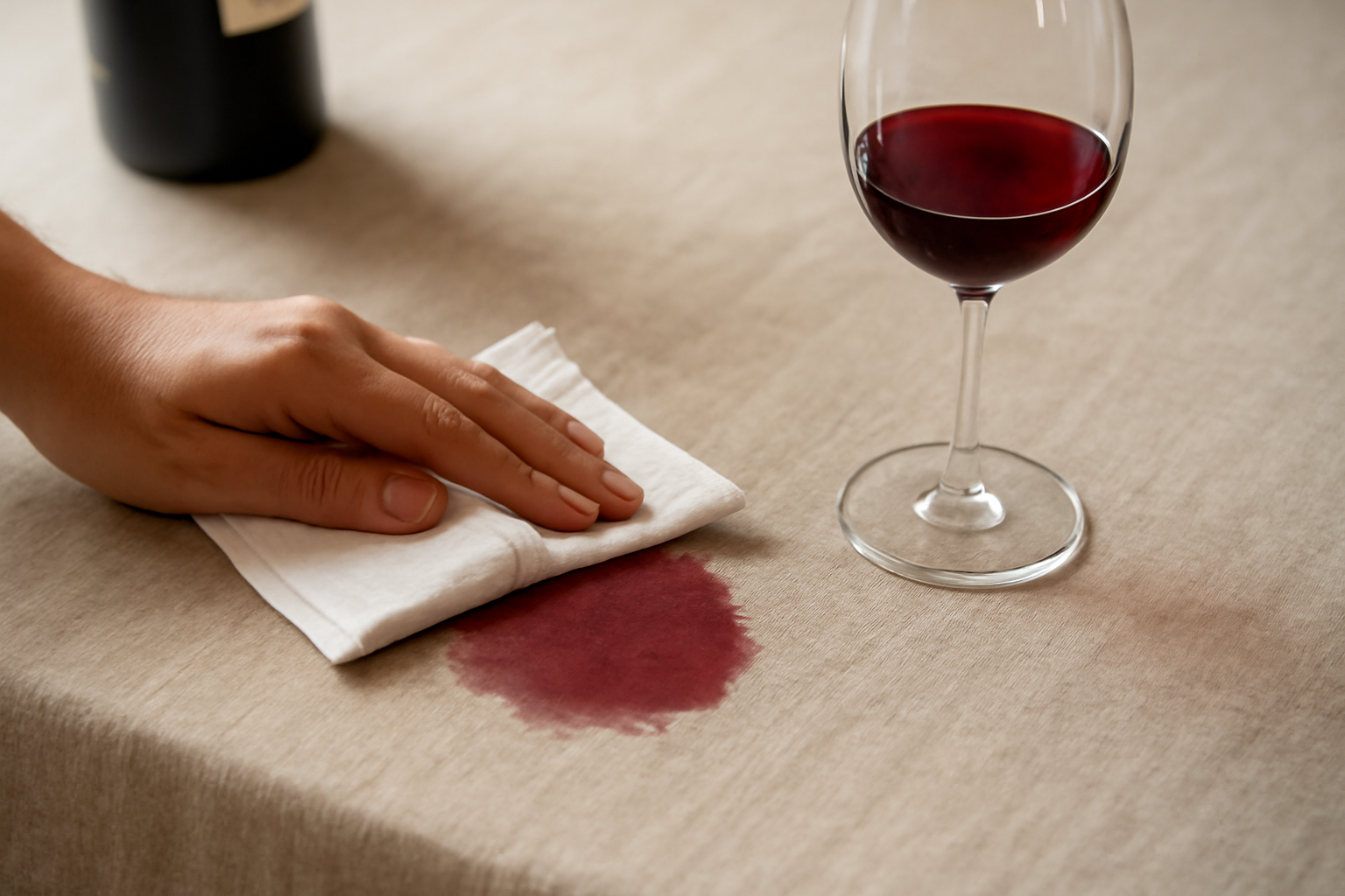 Imagem editorial: Como tirar mancha de vinho tinto de toalha de mesa de linho: guia para mancha fresca e seca